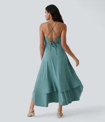 Breezeful™ Lace Up Side Zipper Ruffle Hem Maxi Quick Dry Casual Dress