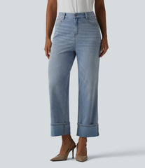Halara Flex™ High Waisted Straight Leg Washed Casual Cuffed Jeans with Pockets