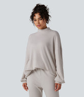 Mock Neck Long Sleeve Relaxed Waffle Casual Sweatshirt with Pockets