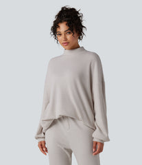 Mock Neck Long Sleeve Relaxed Waffle Casual Sweatshirt with Pockets