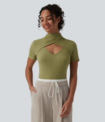 Ribbed Knit High Neck Cut Out Short Sleeve Skinny Casual Bodysuit