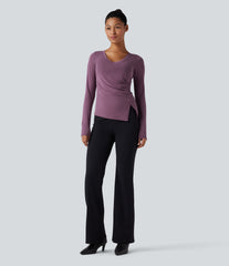 Molded Cups Push-Up V-neck Long Sleeve Ruched Split Hem Casual Top A/B Cup