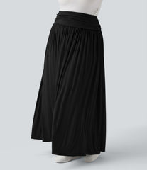 High Waisted Ruched Flowy Maxi Casual Plus Size Skirt