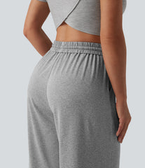 High Waisted Drawstring Wide Leg Cropped Casual Pants with Pockets
