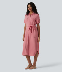Short Sleeve Belted Midi Casual Linen-Feel Shirt Dress with Pockets