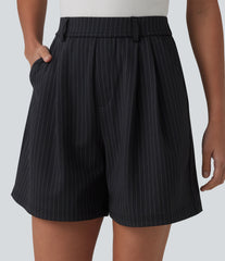 High Waisted Pleated Stripes Work Shorts with Pockets
