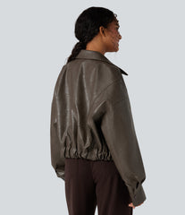 Zipper Long Sleeve Casual Faux Leather Jacket with Pockets