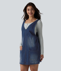 Halara Flex™ V Neck Washed Denim Mini Casual Dress with Pockets