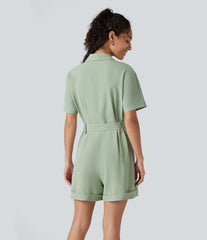 Shawl Collar Short Sleeve Belted Work Romper with Pockets