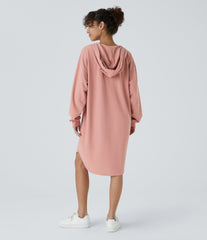 Drawstring Hooded Long Sleeve Pocket High Low Curved Hem Oversize Mini Waffle Casual Sweatshirt Dress