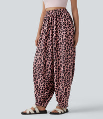 High Waisted Flowy Leopard Print Waffle Casual Baggy Joggers with Pockets