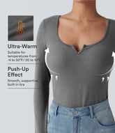 Push-Up Molded Cups Notched Long Sleeve Casual Warming Top A/B Cup
