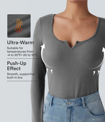 Push-Up Molded Cups Notched Long Sleeve Casual Warming Top A/B Cup