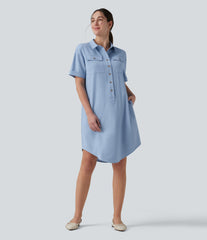 Short Sleeve Curved Hem Midi Casual Dress with Pockets