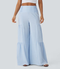 High Waisted Tie Back Shirred Wide Leg Flowy Stripe Casual Pants