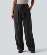 Adjustable High Waisted Linen Work Baggy Pants with Pockets