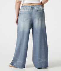 Plus Size Mid Rise Denim Print French Terry Casual Sweatpants Jeans with Pockets