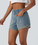 Halara Flex™ Mid Rise Pocket Rolled Hem Washed Denim Casual Shorts