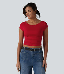 Boat Neck Short Sleeve Built-in Bra Ruched Cropped Casual T-Shirt