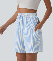 High Waisted Drawstring Stripes Resort Baggy Bermuda Shorts with Pockets