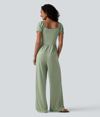 V Neck Puff Short Sleeve Non-Removable Pad Corset Jumpsuit with Pockets