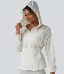 Hooded Drawstring Contrast Mesh Workout Jacket with Pockets