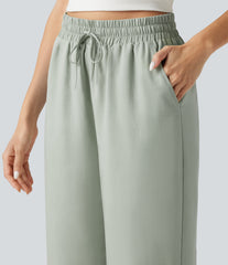High Waisted Drawstring Wide Leg Casual Lyocell Linen-Blend Pants with Pockets
