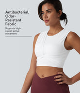 Ribbed Knit Twisted Mesh Overlay Built-in Bra InstantCool Anti-odor Yoga Cropped Tank Top-UPF40+