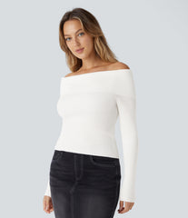 Folded Off Shoulder Long Sleeve Casual Sweater