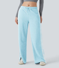 Low Rise Drawstring Color Block Snap Waffle Casual Wide Leg Pants with Pockets