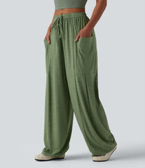 Mid Rise Drawstring Wide Leg Heathered Casual Pants with Pockets