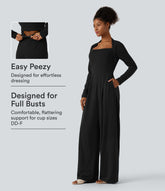 Long Sleeve Built-in Bra Wide Leg Jumpsuit with Pockets-Easy Peezy Edition DD-F Cups