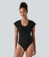 Round Neck Lace Up Short Sleeve Snap Button Casual Waffle Bodysuit