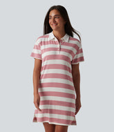 Polo Collar Short Sleeve Stripe Mini Casual Dress