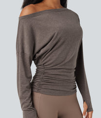 One Shoulder Long Sleeve Thumb Hole Ruched Yoga Sports Top