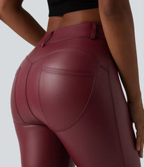 High Waisted Stretchy PU Casual Pedal Pushers Leggings with Pockets