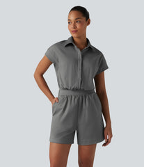 Short Sleeve Stripe Casual Shirt Romper with Pockets-Easy Peezy Edition