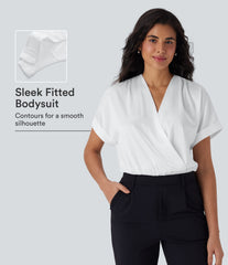 Crossover V-Neck Batwing-Sleeve Snap Satin Work Bodysuit
