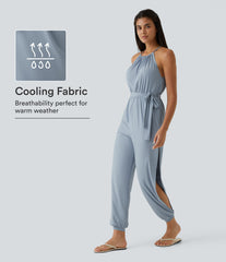 Sleeveless Tie Back Belted Pocket Cut Out InstantCool Jumpsuit-UPF50+