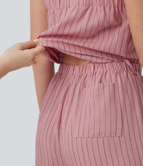 Square Neck Adjustable Straps Sleeveless Belted Stripes Casual Linen-Feel Jumpsuit with Pockets-Easy Peezy