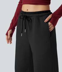 Mid Rise Drawstring Wide Leg Fleece Casual Pants with Pockets