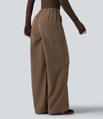 High Waisted Wide Leg Fleece Casual Parachute Pants with Pockets