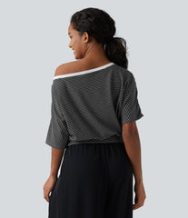 One Shoulder Short Sleeve Stripe Casual T-Shirt