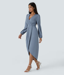 V Neck Long Sleeve Tulip Hem Midi Dress