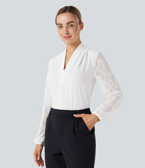 V-neck Long Sleeve Contrast Lace Work Blouse