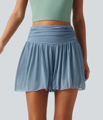 High Waisted Ruched Tummy Control Contrast Mesh 2-in-1 Casual Shorts 3" with Pockets