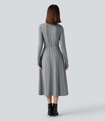 Mock Neck Long Sleeve Midi Work Dress with Pockets