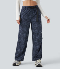 Adjustable Mid Rise Denim Print Camping Straight Leg Pants with Pockets