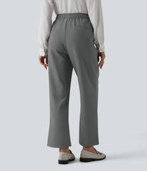 High Waisted Drawstring Straight Leg Work Pants with Pockets