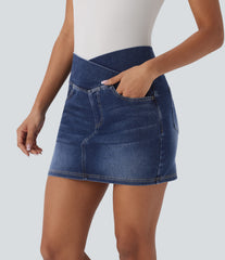 Halara Flex™ Crossover High Waisted Pockets Bodycon Mini Washed Denim Casual Skirt